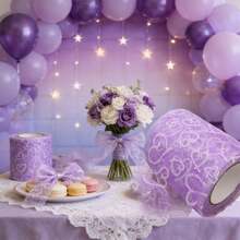 20cm Extra Wide Purple Glitter Hollow Heart Mesh Chair Back Decoration Ribbon, Party Decoration Ribbon, Bouquet Gift Box Decoration Bow Ribbon, Dessert Baking Decoration Ribbon, Suitable For Various Occasions - Lilac Purple - View 3