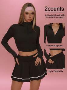 FWH The Playful Campus Set,Stand Collar Crop Jacket / Cropped Zip Jacket / Crop Jacket,High-Waist Color-Block Pleated Skirt With Anti-Peek Design / Flirty High-Waist Pleated Skirt / Color-Block Pleated Mini Skirt,Campus Set / Playful Campus / Campus Chic,Anti-Peek Design For Outdoor Workouts, Crop Jacket And Color-Block Pleated Mini Skirt For Sporty Style,Women's 2-Piece Campus Set Black Spring - 黑色 - 查看 2