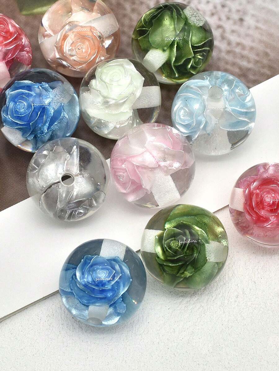 5pcs 16mm Glow-In-The-Dark Rose Resin Beads, Round Beads With Straight Holes, DIY Crafts, Jewelry Making, Phone Straps, Bracelets, Hair Accessories - Glow-in-the-dark Rose Beads - View 1