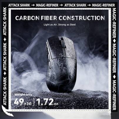  ATTACK SHARK R11 Ultra, Black Feather Wireless Gaming Mouse, Carbon Fiber Material, Ultra-Light (49g), 8000Hz Polling Rate, 42000 DPI, Nordic 52840 Chip, Phase 3950 Sensor, 3 Connection Modes: Bluetooth/2.4GHz/Wired, 200-Hour Battery Life, Optical Micro-Switch, Professional Certification, Compatible With PC/