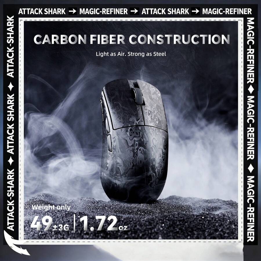 ATTACK SHARK R11 Ultra，黑色羽毛无线游戏鼠标，碳纤维材质，超轻（49克），8000Hz轮询率，42000 DPI，Nordic 52840芯片，Phase 3950传感器，三种连接方式：蓝牙/2.4GHz/有线，200小时电池续航，光学微动开关，专业认证，兼容PC/
