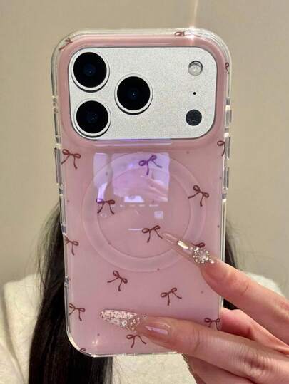 Cute Wave Point Pink Bow Glossy Magnetic Phone Case Compatible With IPhone 17 ProMax 17Pro 17 Air 17 16 15 14 13 12 11 Pro Max Jelly Cases Creative Wireless Charge Shockproof Bumper Cover