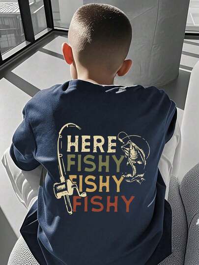 Tween Boy "Here Fishy Fishy Fishy" Cartoon Print T-Shirt, Soft And Comfortable Fabric, Suitable For Boys Outdoor Sports, Casual Wear, Streetwear, Campus Wear, Fashionable Boys Spring/Summer Versatile Top