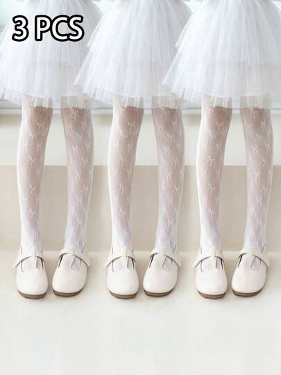 3/2/1 Pack Kids White Bow Jacquard Mesh Tights, Perfect To Match With Dresses And Leather Shoes. Versatile Slim Leggings, Soft And Skin‑Friendly. New Spring And Summer Leggings For Girls, Great As Graduation Season Gifts