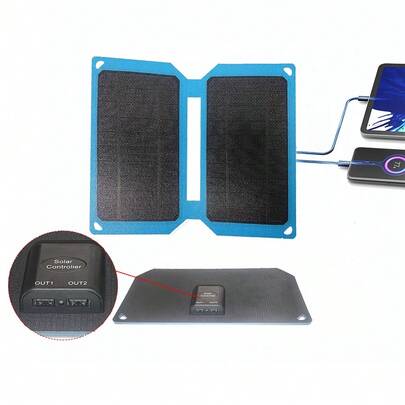 便携式太阳能板，折叠式设计，配备2个USB-A接口，采用单晶硅材质。升级版ETFE材料一体式层压工艺，透光率更高，防尘防污。轻巧便携，适合徒步、露营和旅行。兼容多种USB-A设备，包括手机、平板电脑、笔记本电脑、智能风扇、相机和移动电源。