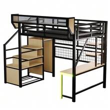 Metal Loft Bed 140 * 200 Cm, With Desk, Shelf And Storage Net, Complete With Safety Ladder, LED Lighting And Socket, Raised Railing, Black - Black - View 7