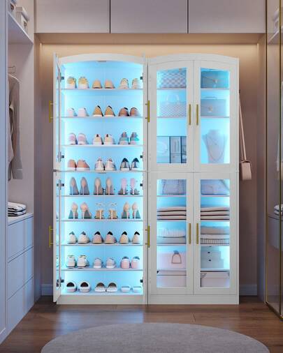 HEXCELEN 9 Tier Shoe Storage Cabinet With Glass Doors & LED Lights, Modern Tall Shoe Cabinet With Adjustable Shelves, 27-31 Pairs, Freestanding Shoes Organizer For Entryway, Hallway, White