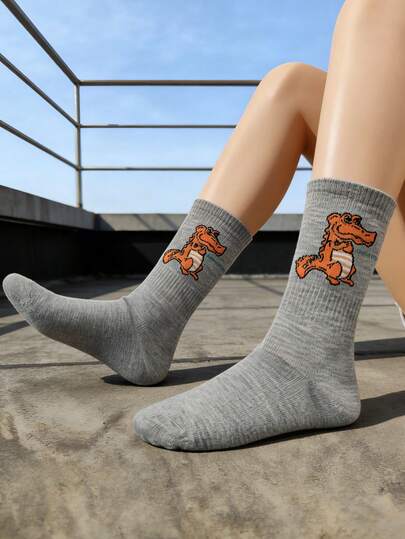 1 para męskich szarych skarpetek do połowy łydki z motywem dinozaura, dzianina, prążkowany wzór, minimalistyczne, codzienne skarpetki w stylu uniwersyteckim