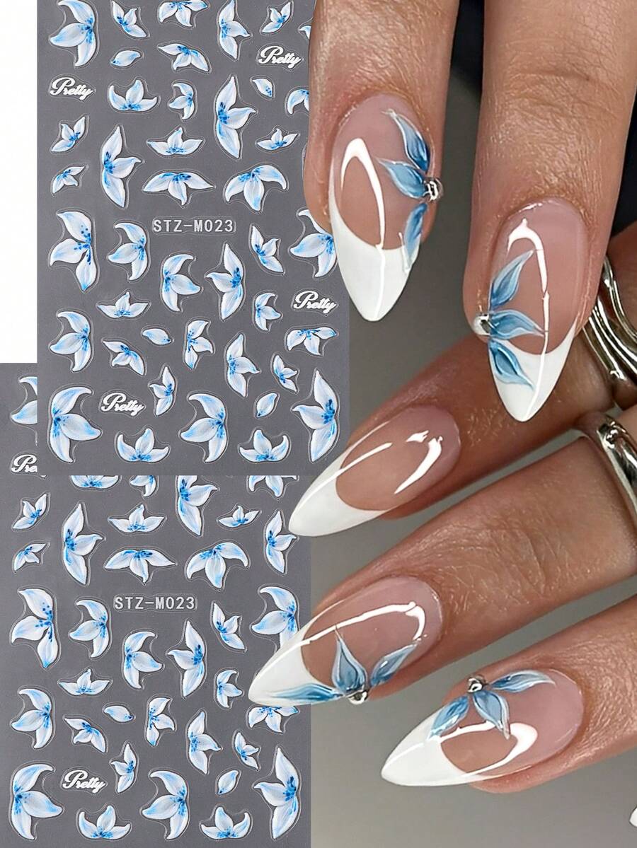 2pcs/Set Spring Blue Floral Pattern Nail Stickers, Charming Self-Adhesive Nail Art Decorations For Summer - Multicolor - View 1