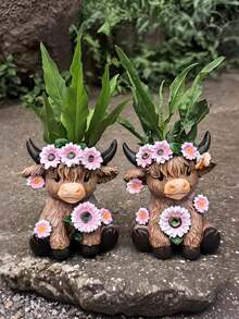 Resin Highland Cow Planter And Pen Holder - Cute Animal Desktop Storage, Mini Succulent Planter And Pen Cup, Suitable For Home, Office, Desk And Patio - Ideal Housewarming And Plant Lover Gift (A) - Multiple Styles - View 2