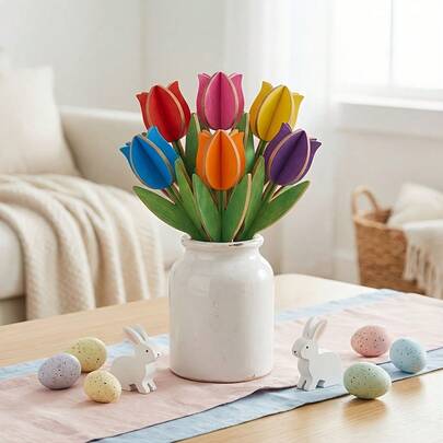 5件装木制郁金香造型工艺品，适合DIY，3D立体花卉装饰，浅米色木质，非常适合春季家居装饰、派对项目、手工DIY、节日花卉装饰、送给学生、朋友、家人的礼物，也适合母亲节、父亲节、其他节日、情人节、返校季等场合。