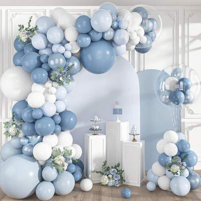 128pcs Dusty Blue Balloons Arch Garland Kit, Light Blue And White Balloon Arch Kit Pearl Pastel Blue Clear Balloon For Wedding Birthday Babyshower Bridal Gender Reveal Party Decorations