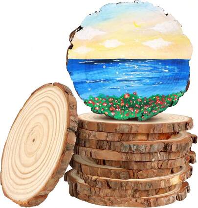 10 Pcs Natural Wood Slices,9-11 Cm Log Wooden Discs With Bark,Wooden Circles For DIY Crafts Christmas Decorations Ornaments Wedding Favours