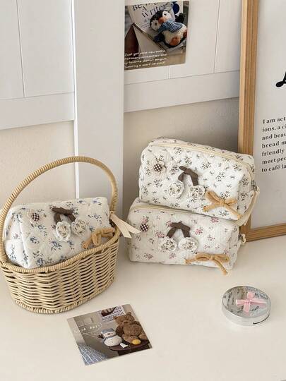 Floral Countryside Forest Quilted Pen Pouch, Cute Cherry Bow Decor, Girly Portable Cosmetic Storage Bag