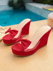 Summer New Bow Wedge Slide Sandals, Transparent Strap Square Toe Thick Bottom Mules, Sweet Beach Resort Style, Slimming Elevated Waterproof Platform Slippers, Versatile Casual Wear Sandals - Red - View 7