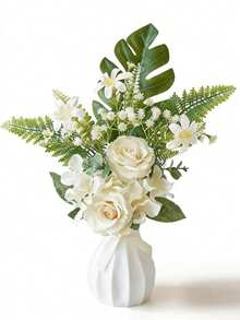 1 Bó hoa giả gồm hoa hồng, hoa baby's breath và hoa cẩm tú cầu, kết hợp với lá Monstera nhiệt đới, trang trí hoa sống động như thật, thích hợp cho nhà cửa, phông nền đám cưới, trang trí bàn tiệc và nhiều hơn nữa. - trắng - Xem 3