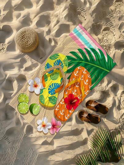 1pc Summer Vacation Slipper Pattern Kids Beach Towel, Super Soft Microfiber Extra Large Beach Blanket, Super Absorbent Bath Towel, Suitable For Travel, Swimming Pool, Diving, Surfing, Yoga, Camping, Available In Multiple Sizes, Beach Accessories For Beach, Pool, Travel, Camping, Yoga