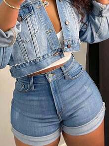 Fashionable Peach-Shaped Women's Minimalist All-Match Versatile Denim Shorts Casual Summer - Giặt vừa - Xem 3