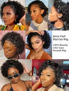 VIOLLY Tóc giả Jerry Curly Pixi Cut 6 inch, độ dày 150%, màu đen tự nhiên #1B, ren trong suốt HD 13x1, rẽ ngôi tự do từ tai đến tai, đường chân tóc tự nhiên, tóc con, đã tỉa sẵn, nút thắt đã tẩy trắng, pha trộn tóc người. - Tự nhiên & Đen - Xem 10