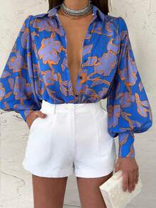 Blouse ample vintage à imprimé tout-sur-tout avec manches lanternes, élégante et décontractée. Convient pour les vacances et les loisirs au printemps - Bleu azur - Voir 3