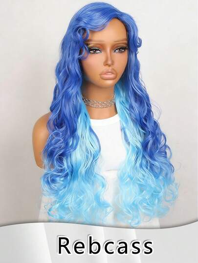 26 Inch Mermaid Inspired Long Wavy Blue-Green Ombre Wig With Bangs - Heat Resistant Synthetic Hair For Cosplay, Party And Halloween Costumes