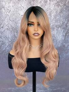 玫瑰金长卷发假发 | T型蕾丝合成假发 | 24英寸大波浪渐变玫瑰金假发，适合日常佩戴和节日装扮 - 漸層 - 查看 10