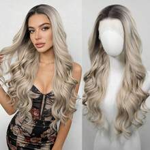 女士渐变金色波浪卷隐形刘海合成假发，灰色和金色，150%密度高温纤维，自然逼真 - 香檳色 - 查看 12