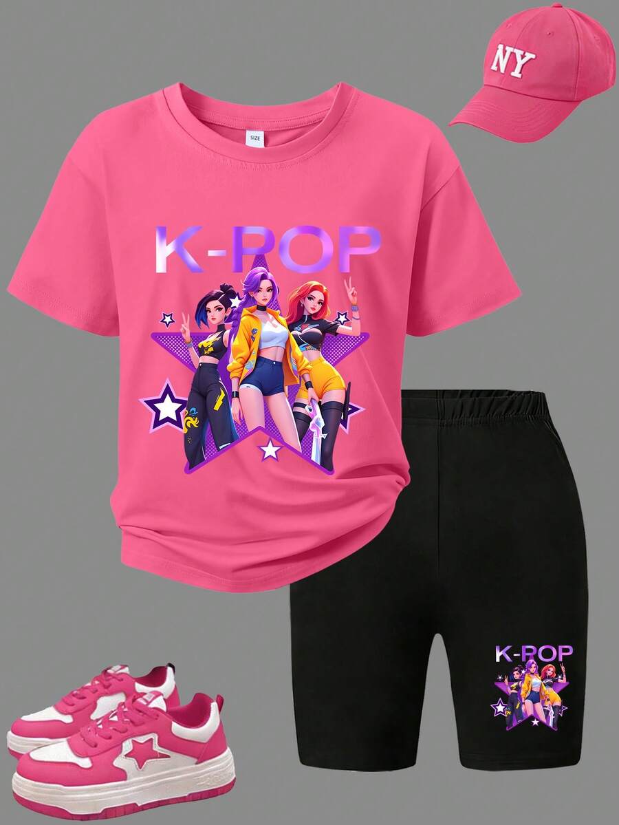2pcs/Set Tween Girls Casual Y2K Style Fashion K-POP Short Sleeve T-Shirt And Leggings Set, Suitable For Spring/Summer, Back To School, Outdoor/Home/Travel Outfit - Hot Pink - View 1