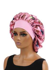 1 PC Hair Bonnet Printed Buttry Satin Night Caps Elastic Wide Brim Large Size Casual Sleeping Caps Double Ruffle Bonnet Hat Reversible Travel Essentials For Hair Care Curly Straight Bonnet,Summer,Beach - A - View 6