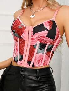 Adjustable Strap Rose Print Waist Cincher Top For Women - Pink - View 5