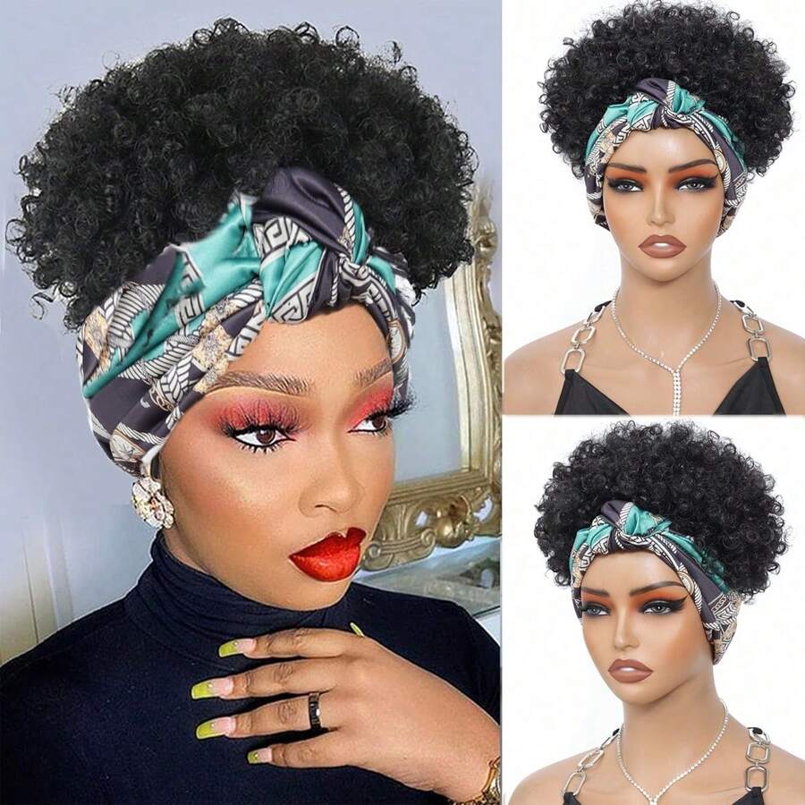 Black Headband Wigs For Women Afro Kinky Curly Wig With Synthetic Short Hair Wigs With Headband Attached Headwrap Wigs Kinky Curly Headband Wig - màu xanh lá - Xem 1