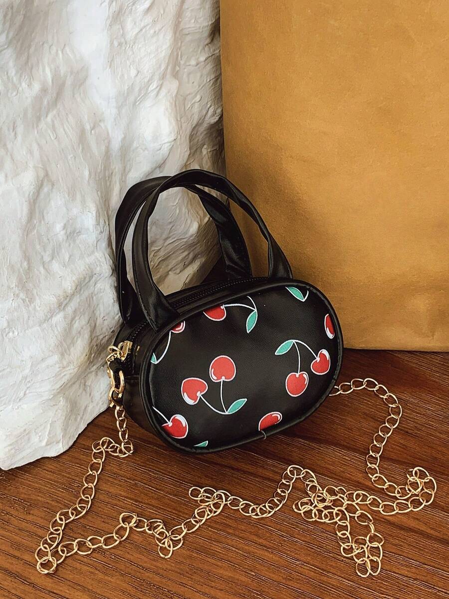 Nueva bolsa de hombro/bandolera versátil con estampado de cerezas, adecuada para volver a la escuela, graduación, viajes, regalos, uso diario - Negro - Ver 1