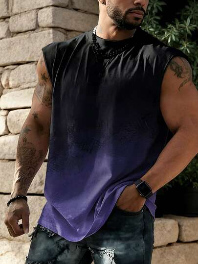 Áo tank top nam cổ tròn, kiểu dáng thường ngày, đa năng, phối màu ombre, thích hợp cho mùa hè.