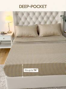 Bộ 4 món, 100% Polyester, Họa tiết kẻ caro tối giản, Ga trải giường có chun sâu 35cm, Bộ chăn ga gối in họa tiết (2 vỏ gối + 1 ga phủ + 1 ga chun), Bộ chăn ga gối hiện đại dùng được cả bốn mùa, Phong cách tối giản, Mềm mại & Thoải mái, Thoáng khí - Nhiều màu - Xem 5