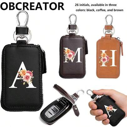 OBCREATOR 白色玫瑰字母图案 A-Z 26 个名字首字母钥匙扣，男女通用钥匙包，男士钥匙扣袋，多功能汽车钥匙扣，带拉链，适合日常通勤，男士钥匙包礼物，钥匙链，情人节礼物，万圣节礼物，个性化礼物，充满爱意的礼物，创意男士礼物，趣味礼物，父亲节礼物，送礼佳品，K-Pop 主题礼物