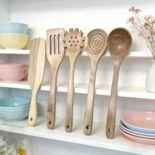 Juego de 6 Utensilios de Cocina de Madera Natural – Espátulas, Cucharas y Coladores para Cocina Saludable y Elegante - Marrón - Ver 1