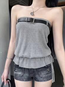 2026 Spring/Summer Women's Grey Knit Camisole - Fashionable Casual Sweet Belted Ruffle Hem Sleeveless Top For Daily & Date Wear, Comes With Model's Matching Belt - Grey - View 1