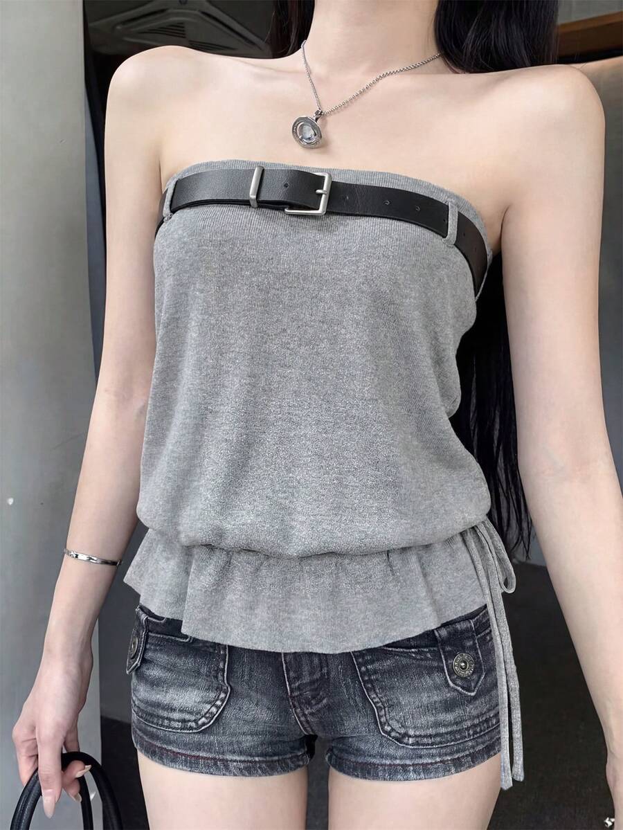2026 Spring/Summer Women's Grey Knit Camisole - Fashionable Casual Sweet Belted Ruffle Hem Sleeveless Top For Daily & Date Wear, Comes With Model's Matching Belt - Grey - View 1