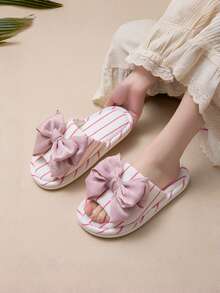 Women's Velvet Bow Decor Elegant Contrast Color Linen Striped Indoor Slippers, Suitable For Summer Home Wear, Eid/Mother's Day Gift - Pink - View 2
