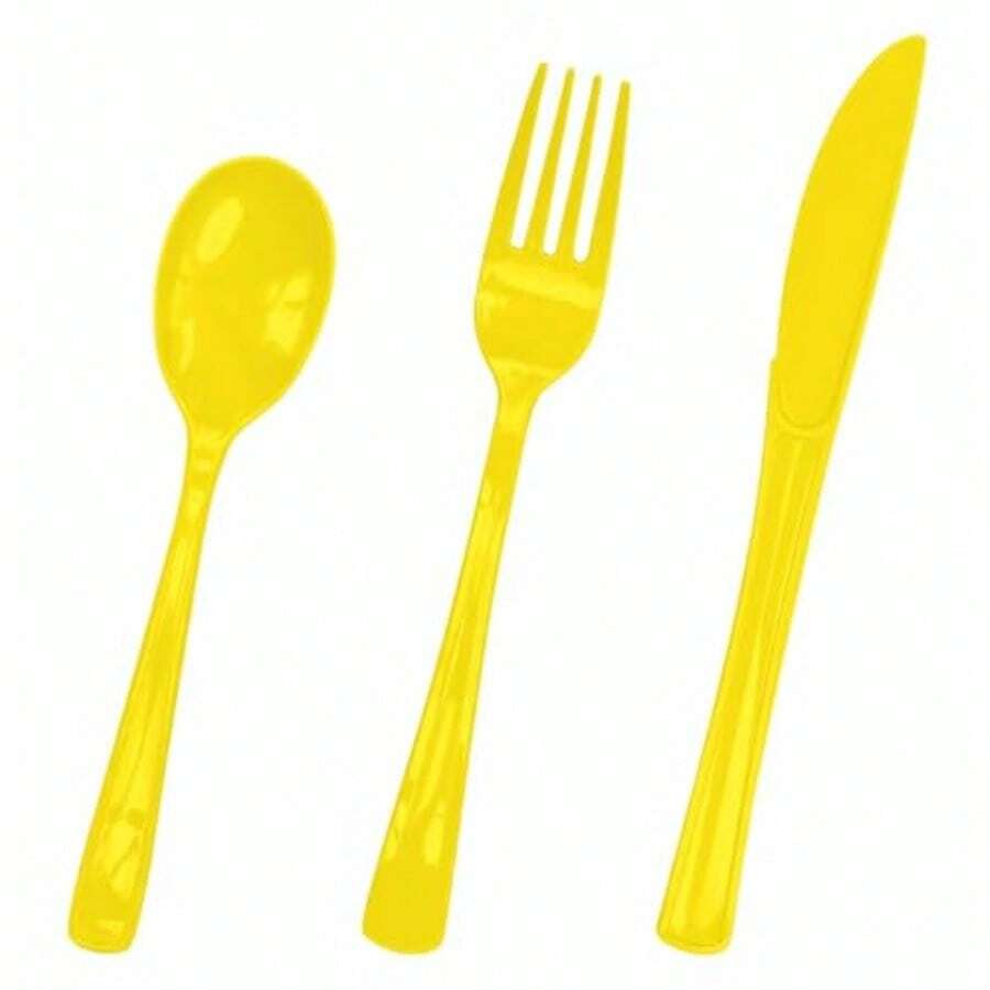 75 Pack Yellow Plastic Cutlery Heavy Duty Yellow Plastic Knives Forks And Spoons Disposable Silverware Set For 25 Guest Camping Birthday Baby Shower Party Cutlery Set - Yellow - View 1