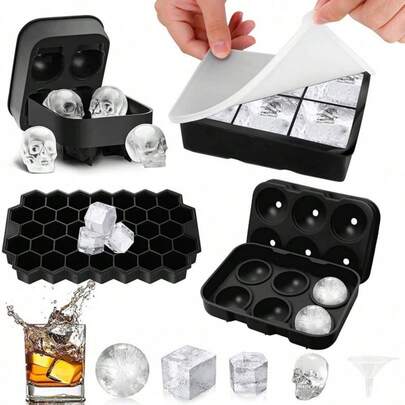 1 Khay làm đá viên và muỗng múc đá bằng silicon, khuôn làm đá tròn 6 ngăn dùng trong gia đình, có nắp đậy bằng silicon, khuôn làm đá hoàn hảo cho mùa hè.