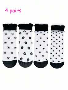 4/8双装黑色爱心图案中筒袜，可爱蝴蝶结透明蕾丝边玻璃丝过膝袜，洛丽塔黑白蕾丝边玻璃丝中筒袜，夏季薄款透气过膝袜，玻璃丝爱心网状蕾丝边 - 彩色 - 查看 11