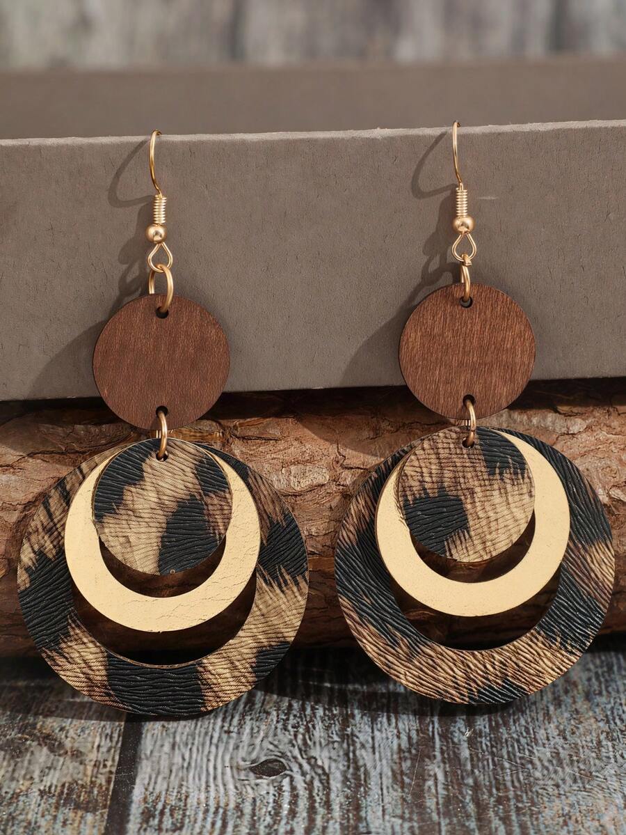 1 Pair Geometric Circular Leopard Print Retro Fashionable Multi-Color Metal Earrings, Suitable For Women's Daily, Party, Gathering, Dance, Music Festival Wear - Multicolor - View 1