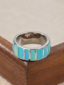 New Arrival Silver Handmade Artist Painting Ring, Memorial Ring, Gift Ring, Bohemian Style Wide Band Ring - Blue - View 6