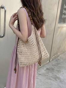 1 chiếc túi tote dệt thủ công bằng cotton, thoáng khí, có móc len, đính hạt cườm và tua rua, kiểu dáng Bohemian, có lớp lót vải, tạo cảm giác thoải mái, phù hợp đi làm hàng ngày, phong cách nghệ thuật trẻ trung, đi biển, dã ngoại. - Màu be - Xem 4