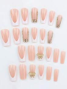 24pcs French Medium Length Square Wearable Nails, Gold Bow Rhinestone Design Press-On Reusable Fake Nails (Includes 1pc Jelly Gel And Nail File) - Multicolor - View 4
