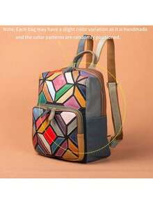 New Genuine Leather Women's Bag, Colorful Casual Boho Geometric Pattern, Contrasting Color Casual Women's Backpack. - 彩色 - 查看 5
