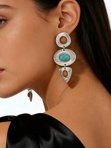 一对女士波西米亚复古长款垂坠耳环。圆形、椭圆形、三角形金属框架，搭配多色宝石吊坠，几何元素设计，适合日常佩戴和派对场合。 - 彩色 - 查看 2