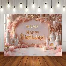Customizable Pink Castle Princess Happy Birthday Backdrop With Pink Dreamy Castle, Pink Flowers, Gold Crown, And Sparkling Stars Design-Perfect For Princess-Themed Birthday Parties, Cake Table Backdrops, Decorations, And Photo Backdrops (Vinyl) - Multicolor - View 2