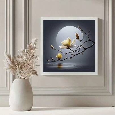 1pc 5D DIY Diamond Painting Kit, Unique Acrylic Full Round Diamond Mosaic Art Canvas, Moonlit Magnolia Flower Branch Design, Suitable For Wall Decor, Living Room, Bedroom, Office, Perfect Creative Handcraft Art Holiday Gift, Frameless